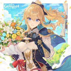 Rule 34 | black gloves, blonde hair, blue capelet, blue eyes, bouquet, breasts, capelet, chikuwa ku, collar, corset, cross, cross earrings, detached collar, detached sleeves, earrings, flower, genshin impact, gloves, hair between eyes, hand on own chest, highres, holding, holding bouquet, jean (genshin impact), jewelry, long hair, looking at viewer, medium breasts, ponytail, sidelocks, smile, white collar, white sleeves, windmill