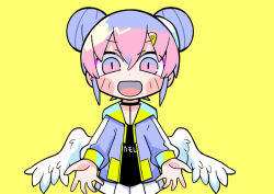 Rule 34 | 1girl, angel wings, beckoning, black choker, black shirt, blush stickers, choker, commentary request, cowboy shot, datenshi-chan (nanawo akari), double bun, feathered wings, furrowed brow, green hood, hair bun, hair ornament, hairclip, hood, hood down, hooded jacket, indie utaite, jacket, long sleeves, looking at viewer, miniskirt, multicolored hair, nanawo akari, open clothes, open jacket, open mouth, outstretched hand, pink eyes, pink hair, pleated skirt, purple hair, purple jacket, purple sleeves, shirt, short hair, simple background, skirt, smile, solo, straight-on, terada tera, two-tone hair, utaite, white skirt, white wings, wings, yellow background