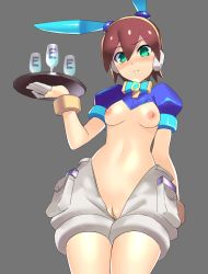 Rule 34 | 1girl, aile (mega man zx), animal ears, blush, bow, bowtie, breasts, brown hair, capcom, closed mouth, cup, drinking glass, gloves, green eyes, hair between eyes, highres, looking at viewer, mega man (series), mega man zx, meme attire, nipples, protected link, pussy, rabbit ears, reverse bunnysuit, reverse outfit, robot ears, short hair, shorts, solo, third-party edit, ukimukai, uncensored, wine glass