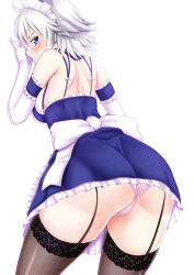 Rule 34 | 1girl, against wall, apron, ass, blue eyes, blush, bow, breasts, dress, ebi 193, elbow gloves, from behind, garter straps, gloves, izayoi sakuya, lace, lace-trimmed legwear, lace trim, large breasts, looking at viewer, looking back, maid, maid apron, maid headdress, microskirt, panties, pantyshot, pink panties, revision, sash, short hair, sideboob, silver hair, skirt, solo, thighhighs, thighs, touhou, underwear, upskirt