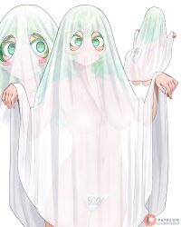 1girl absurdres ass blush_stickers boku_no_hero_academia commentary dismaiden english_commentary ghost_costume green_eyes green_hair hagakure_tooru highres multiple_views naked_costume navel panties patreon_logo sheet_ghost simple_background underwear unusually_visible white_background white_panties