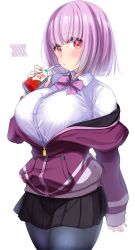 Rule 34 | 1girl, black skirt, blush, bow, bowtie, breasts, closed mouth, collared shirt, commentary request, cowboy shot, grey pantyhose, gridman universe, hair between eyes, hand up, highres, holding, jacket, juice, juice box, kibihimi, large breasts, logo, long sleeves, looking at viewer, miniskirt, off shoulder, pantyhose, partially unzipped, pink hair, pleated skirt, purple bow, purple bowtie, purple jacket, red eyes, school uniform, shinjou akane, shirt, short hair, sidelocks, simple background, skirt, solo, ssss.gridman, standing, tomato juice, white background, white shirt, zipper