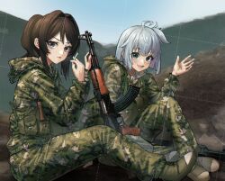 2girls ammunition_pouch assault_rifle blue_eyes blue_hair brown_hair camouflage cigarette grey_eyes gun highres huihuang_rongyao jiefang_shoes kalashnikov_rifle looking_at_viewer military_uniform multiple_girls original people&#039;s_liberation_army pouch rifle sino-vietnamese_war type_56_assault_rifle variant_set watermark waving weapon