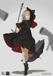 Rule 34 | 1girl, alice margatroid, alternate color, alternate costume, ankle socks, arm up, artist name, black capelet, black dress, black footwear, black hairband, black socks, blonde hair, blue eyes, blurry, capelet, closed mouth, clothes lift, collared dress, cuff links, dated, dress, dress lift, dual wielding, fingernails, full body, hairband, heterochromia, highres, holding, holding umbrella, layered sleeves, long fingernails, long sleeves, looking at viewer, medium dress, multicolored eyes, red capelet, red dress, reeh (yukuri130), short hair, short over long sleeves, short sleeves, socks, solo, touhou, two-sided fabric, umbrella, walking, wing collar, yellow eyes