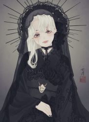 Rule 34 | 1girl, artist name, black choker, black flower, black kimono, black nails, black rose, black veil, choker, closed mouth, commentary request, expressionless, flower, frilled sleeves, frills, grey background, grey eyes, halo, hannya, head tilt, highres, japanese clothes, kimono, lace, lace-trimmed choker, lace trim, long hair, long sleeves, looking at viewer, nail polish, noh mask, obi, obiage, obijime, original, print kimono, ribbon choker, rose, runny makeup, sash, seal impression, signature, solo, thorns, upper body, ushiyama ame, veil, white hair, wide sleeves