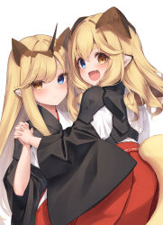 Rule 34 | 2girls, :d, absurdres, animal ear fluff, animal ears, blonde hair, blue eyes, blush, brown eyes, closed mouth, commentary request, curly hair, fang, hair between eyes, hakama, hakama skirt, heterochromia, highres, holding hands, interlocked fingers, japanese clothes, kimono, kin&#039;iro dojo, long hair, long sleeves, looking at viewer, looking back, miko, multiple girls, open mouth, original, red hakama, simple background, skirt, smile, tail, very long hair, white background, white kimono, wide sleeves