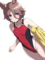 Rule 34 | 1girl, animal ears, blue eyes, brown eyes, competition swimsuit, cowboy shot, flat chest, hair between eyes, highleg, highleg swimsuit, highres, horse ears, horse girl, horse tail, looking at viewer, narita taishin (umamusume), one-piece swimsuit, pataneet, red one-piece swimsuit, short hair, simple background, solo, swimsuit, tail, towel, umamusume, white background