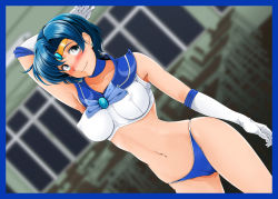 Rule 34 | 1girl, adapted costume, bishoujo senshi sailor moon, blue bow, blue eyes, blue hair, blue panties, blush, bow, choker, contrapposto, dutch angle, earrings, covered erect nipples, female focus, gloves, gluteal fold, highres, jewelry, looking at viewer, mizuno ami, nanashi noiji, navel, outdoors, panties, sailor collar, sailor mercury, short hair, skindentation, smile, solo, tareme, underwear, window