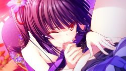 Rule 34 | 1girl, asami asami, black hair, breasts, censored, game cg, japanese clothes, long hair, penis, re:birth colony, red eyes, rindou airi, wince