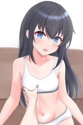 Rule 34 | 1girl, ame-san, annotated, asashio (kancolle), black hair, blue eyes, blush, bra, breasts, grabbing, grabbing another&#039;s breast, highres, kantai collection, long hair, looking at another, looking at viewer, meme, open mouth, out of frame, panties, pov cheek grabbing (meme), small breasts, underwear, white bra, white panties