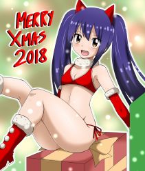 Rule 34 | 10s, 1girl, 2018, bikini, blue hair, breasts, brown eyes, christmas, dmayaichi, fairy tail, gift, highres, long hair, looking at viewer, santa bikini, sitting, small breasts, smile, solo, swimsuit, twintails, very long hair, wendy marvell