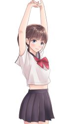 Rule 34 | 1girl, arms up, black skirt, blue eyes, blush, bow, bowtie, brown hair, closed mouth, highres, long hair, looking at viewer, original, pleated skirt, ponytail, red bow, red bowtie, school uniform, serafuku, shirt, short sleeves, sidelocks, simple background, skirt, smile, solo, white background, white shirt, yukimaru217