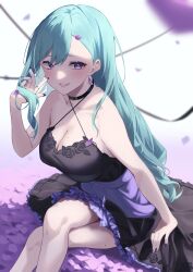 Rule 34 | 1girl, aqua hair, arm support, asymmetrical bangs, bad perspective, bare shoulders, black collar, black dress, blush, breasts, cleavage, collar, crossed legs, dress, earrings, floral print, flower, frilled dress, frills, hair behind ear, highres, jewelry, komito (komito5310), large breasts, long hair, looking at viewer, mole, mole on breast, mole on thigh, parted lips, petals, purple eyes, purple flower, purple nails, ring, sash, sitting, solo, swept bangs, very long hair, virtual youtuber, vspo!, yakumo beni
