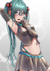 Rule 34 | absurdres, aqua hair, aqua panties, armpits, black gloves, black skirt, elbow gloves, glasses, gloves, hatsune miku, highres, long hair, looking at viewer, navel, necktie, open mouth, panties, piercing, red ribbon, ribbon, skirt, sleeveless, suama (suama-333), twintails, underwear, vocaloid