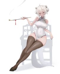 Rule 34 | 1girl, absurdres, ahoge, animal ears, arm rest, bare shoulders, black footwear, black nails, breasts, brown thighhighs, china dress, chinese clothes, closed mouth, covered navel, double bun, dress, earrings, full body, grey eyes, hair bun, high heels, highres, holding, holding smoking pipe, hololive, jewelry, large breasts, legs, lion ears, looking at viewer, nail polish, pelvic curtain, red lips, shishiro botan, sidelocks, sitting, skindentation, sleeveless, sleeveless dress, smoke, smoking pipe, solo, tassel, thighhighs, thighs, tomj, virtual youtuber, white dress, white hair, wide hips