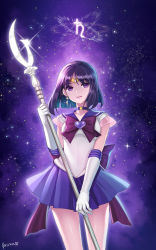 Rule 34 | 1girl, bishoujo senshi sailor moon, black hair, bow, briska, brooch, earrings, elbow gloves, gloves, heart, heart brooch, holding, holding polearm, holding spear, holding weapon, jewelry, magical girl, parted lips, pleated skirt, polearm, purple background, purple bow, purple eyes, purple skirt, ribbon, sailor collar, sailor saturn, saturn symbol, short hair, signature, silence glaive, skirt, sky, smile, solo, spear, star (sky), starry sky, super sailor saturn, tiara, tomoe hotaru, weapon, white gloves