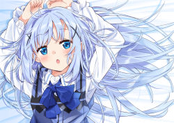 Rule 34 | 1girl, arms up, blue bow, blue eyes, blue hair, blue vest, blush, bow, collared shirt, commentary request, dress shirt, gochuumon wa usagi desu ka?, hair ornament, hair spread out, highres, kafuu chino, long hair, long sleeves, looking at viewer, lying, mousou (mousou temporary), on back, open mouth, rabbit house uniform, shirt, solo, uniform, upper body, vest, waitress, white shirt, x hair ornament