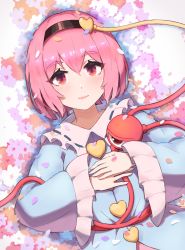 Rule 34 | 1girl, blue shirt, flower bed, hairband, hands on own chest, heart, highres, komeiji satori, light smile, lips, looking at viewer, lying, memmemme, on back, pink eyes, pink hair, shirt, short hair, solo, third eye, touhou, upper body, wide sleeves