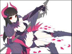 Rule 34 | 1girl, black hair, breasts, capcom, cleavage, gore magala (armor), hime cut, horns, large breasts, long hair, monster hunter (series), monster hunter 4, red eyes, solo, tetsubuta, weapon