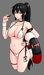 Rule 34 | 1girl, absurdres, arm strap, bikini, black choker, black hair, breasts, choker, collarbone, covered erect nipples, cropped legs, grey background, hair between eyes, heart, highres, holding, holding whistle, innertube, iris yuma, kourui, large breasts, long hair, looking at viewer, micro bikini, name tag, navel, parted lips, ponytail, red eyes, serious, solo, soulworker, stomach, sweatband, swim ring, swimsuit, thigh strap, very long hair, whistle, white bikini