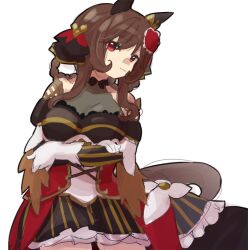 Rule 34 | 1girl, bare shoulders, braided hair rings, breasts, brown hair, cleavage, commentary request, cowboy shot, detached sleeves, dress, ear covers, ear ornament, frilled dress, frills, gentildonna (umamusume), gloves, hair ornament, heart, heart-shaped ornament, heart hair ornament, horse girl, jewelry, large breasts, looking at viewer, medium breasts, noko-chan, red eyes, see-through, see-through cleavage, simple background, sleeveless, sleeveless dress, smile, solo, thighhighs, umamusume, white background, white gloves, white thighhighs