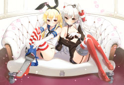 Rule 34 | &gt; &lt;, 10s, 2girls, amatsukaze (kancolle), arm support, at-yui, black bra, black panties, blonde hair, blue skirt, blush, bra, brown eyes, choker, closed eyes, clothes pull, couch, covering privates, dress, elbow gloves, embarrassed, garter straps, gloves, hairband, highleg, highleg panties, kantai collection, long hair, microskirt, multiple girls, o o, off shoulder, open clothes, open shirt, panties, petals, pout, red legwear, rensouhou-chan, rensouhou-kun, sailor dress, school uniform, serafuku, shimakaze (kancolle), shirt, short dress, sitting, skirt, skirt around one leg, skirt pull, striped clothes, striped legwear, striped thighhighs, thighhighs, twintails, underwear, undressing, white gloves, white hair