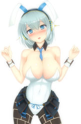 Rule 34 | 1girl, animal ears, bare shoulders, blue eyes, blue hair, blush, breasts, rabbit ears, playboy bunny, cameltoe, cleavage, contrapposto, cowboy shot, detached collar, fake animal ears, female focus, head tilt, headphones, highres, large breasts, looking at viewer, matching hair/eyes, necktie, oshiro project:re, rough (riferio), shikano, shikano (oshiro project), short hair, solo, standing, white background, wrist cuffs