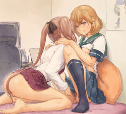 Rule 34 | 10s, 2girls, after kiss, akigumo (kancolle), anchor symbol, ass, bad id, bad pixiv id, bandaid, bandaid on face, bare legs, barefoot, bed sheet, black bow, black socks, blue skirt, blush, bow, breasts, brown eyes, brown hair, chair, clothes lift, commentary request, computer, drawing tablet, feet, fingering, hair bow, hand on another&#039;s head, hand on another&#039;s shoulder, indoors, kantai collection, kneehighs, knees up, leaning forward, long hair, long sleeves, looking at another, multiple girls, no bra, no panties, no shoes, oboro (kancolle), on bed, pen, pillow, pink hair, pleated skirt, ponytail, poster (object), purple skirt, pussy, saliva, saliva trail, school uniform, serafuku, shirt, shirt lift, short hair, sitting, skirt, skirt lift, small breasts, socks, soles, spread legs, sweat, table, toe scrunch, toes, underboob, upskirt, wa (kuroirokedama), white shirt, yuri