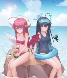 Rule 34 | 2girls, absurdres, ahoge, angel wings, animal, asymmetrical wings, bikini, black hair, blue eyes, blue one-piece swimsuit, breasts, cheese, cloud, collarbone, commentary, day, demon wings, eating, english commentary, feathers, feet out of frame, food, frown, fruit, halo, hamster, highres, holding, horns, looking at viewer, medium breasts, melon, mismatched wings, multiple girls, navel, ocean, one-piece swimsuit, original, pink hair, red bikini, red wings, sitting, spoon, stone, sunglasses, swimsuit, water, wings, yansae81