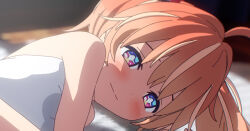 Rule 34 | + +, 1girl, 3d, ahoge, bare shoulders, blender (medium), blonde hair, blurry, blurry background, blush, bright pupils, closed mouth, commentary, cropped, dot nose, english commentary, flower, hair flower, hair ornament, light smile, looking at viewer, lying, medium hair, mixed-language commentary, multicolored eyes, multicolored hair, on side, one-piece swimsuit, orange hair, paid reward available, pink eyes, purple eyes, rinne (rinrinne), rinrinne, rinrinne39 (artist), sideways, solo, streaked hair, swimsuit, two side up, upper body, virtual youtuber, white one-piece swimsuit, white pupils