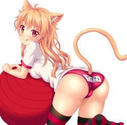 Rule 34 | 1girl, :q, animal ear fluff, animal ears, artist self-insert, ass, ball, blonde hair, blush, buruma, cat ears, cat tail, clothing cutout, colored eyelashes, exercise ball, female focus, gym uniform, highres, kemonomimi mode, licking lips, long hair, looking at viewer, name tag, no shoes, nottytiffy, original, panties, panties under buruma, pink panties, red eyes, shirt, short sleeves, simple background, smile, solo, striped clothes, striped thighhighs, t-shirt, tail, tail raised, tail through clothes, text focus, thighhighs, thighs, tiffy (nottytiffy), tongue, tongue out, underwear, wavy hair, white background