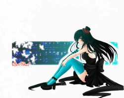 Rule 34 | 1girl, akiyama mio, alternate hair length, alternate hairstyle, aqua thighhighs, black eyes, black hair, blue thighhighs, breasts, cane, cleavage, don&#039;t say &quot;lazy&quot;, dress, elbow gloves, female focus, fingerless gloves, gloves, hat, high heels, hime cut, k-on!, kosakura, long hair, mini hat, mini top hat, shoes, simple background, sitting, solo, striped, thighhighs, top hat, very long hair, white background