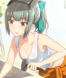 Rule 34 | 10s, 1girl, bow, breasts, collarbone, convenient censoring, downblouse, green hair, hair bow, hammer, kanden sky, kantai collection, overalls, ponytail, purple eyes, shirt, sleeveless, sleeveless shirt, small breasts, sweat, tank top, tsurime, welding mask, yuubari (kancolle)