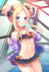 Rule 34 | 1girl, abigail williams (emerald float) (fate), abigail williams (fate), bare shoulders, bikini, black bikini, black bow, blonde hair, blue eyes, blurry, blurry background, blush, bow, chestnut mouth, collarbone, commentary request, day, depth of field, double bun, emerald float, fate/grand order, fate (series), fingernails, forehead, groin, hair bun, highres, indoors, jacket, long hair, long sleeves, masayo (gin no ame), navel, off shoulder, official alternate costume, open clothes, open jacket, orange bow, parted bangs, parted lips, polka dot, polka dot bow, pool, purple jacket, rei no pool, side bun, sidelocks, sleeves past wrists, solo, swimsuit, thigh gap, water, water drop