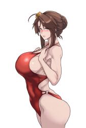 Rule 34 | 1girl, ahoge, alternate breast size, alternate costume, blush, braid, breasts, brown hair, cowboy shot, embarrassed, girls&#039; frontline, highres, huge breasts, lee-enfield (girls&#039; frontline), looking at viewer, looking to the side, one-piece swimsuit, red one-piece swimsuit, simple background, small sweatdrop, swimsuit, wessidesuyo, white background