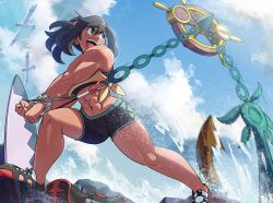 1girl abs absurdres aged_up alternate_muscle_size bike_shorts black_eyes black_hair creatures_(company) dhelmise game_freak gen_3_pokemon gen_7_pokemon highres juno_son muscular muscular_female nintendo open_mouth outdoors pelipper pokemon pokemon_sm pulling selene_(pokemon) shoes water waves