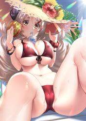 Rule 34 | between breasts, bikini, blue archive, blush, breasts, brown hair, burger, cameltoe, cleavage, cleft of venus, commentary request, drinking straw, eating, flower, food, hat, highres, huge breasts, izumi (blue archive), izumi (swimsuit) (blue archive), ken ill, long hair, looking at viewer, nail polish, navel, sitting, solo, straw hat, swimsuit, wet