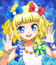 Rule 34 | 1girl, :d, bare shoulders, blonde hair, blue background, blue bow, blue eyes, blunt bangs, blush, bow, breasts, cone hair bun, eyebrows, eyelashes, facing away, green bow, hair bow, hair bun, hands up, highres, looking at viewer, minami mirei, official style, open mouth, pretty series, pripara, red bow, reiesu (reis), shirt, short hair, small breasts, smile, solo, star (symbol), starry background, tank top, tongue, two side up, upper body, white shirt, wrist bow, wristband, yellow bow