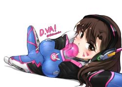 Rule 34 | 1girl, arm above head, bodysuit, breasts, brown eyes, brown hair, blowing bubbles, character name, chewing gum, clothes writing, covered navel, d.va (overwatch), facial mark, foreshortening, headphones, leg up, long hair, looking at viewer, lying, md5 mismatch, medium breasts, on side, overwatch, overwatch 1, perspective, pilot suit, resolution mismatch, shirosaba47, simple background, smile, solo, source larger, swept bangs, twisted torso, twitter username, whisker markings, white background