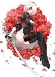 Rule 34 | 1girl, android, black dress, black hairband, black thighhighs, blindfold, boots, breasts, cleavage, cleavage cutout, clothing cutout, dress, feather-trimmed sleeves, flower, full body, gloves, hairband, high heel boots, high heels, highres, holding, holding sword, holding weapon, juliet sleeves, large breasts, long sleeves, marie mushroom, mole, mole under mouth, nier (series), nier:automata, parted lips, puffy sleeves, rose, short hair, solo, sword, thigh boots, thighhighs, thighs, turtleneck, weapon, white hair, 2b (nier:automata)