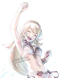 Rule 34 | 1girl, bikini, blonde hair, blush, braid, breasts, closed eyes, fire emblem, fire emblem heroes, highres, long hair, looking at viewer, nintendo, open mouth, sharena (fire emblem), sharena (summer) (fire emblem), simple background, smile, solo, swimsuit, tomentomob, white background