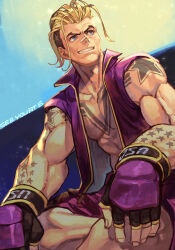 Rule 34 | 1boy, arm tattoo, biceps, black gloves, blonde hair, blue eyes, buzz cut, capcom, capcom cup, chest tattoo, fingerless gloves, gloves, hair slicked back, hungry clicker, luke sullivan, male focus, muscular, muscular male, parted lips, pectorals, purple shorts, purple vest, shadow, short hair, shorts, sitting, smile, solo, street fighter, street fighter v, tattoo, very short hair, vest