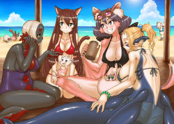 Rule 34 | 6+girls, age difference, animal ears, baby, beach, bikini, blue sky, breasts, cat ears, cat girl, child, cleavage, cloud, dolphin, ekachi imori, family, female focus, forest of pixiv, grin, hapo imori, happy, huge breasts, jon henry nam, large breasts, long hair, mature female, monster girl, mother and daughter, multiple girls, ocean, outdoors, plump, short hair, sitting, sky, smile, sunglasses, swimsuit
