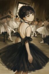 Rule 34 | 1boy, 6+girls, absurdres, ballerina, ballet, ballet slippers, bare back, black-haired boy (iwzry), black choker, black dress, black hair, blunt bangs, braid, brown eyes, choker, closed mouth, contrast, cowboy shot, crossdressing, detached sleeves, door, dress, dressing, dressing room, dutch angle, expressionless, feet out of frame, from behind, funabashi (iwzry), hair bun, highres, indoors, long hair, looking at viewer, looking back, male focus, multiple girls, non-web source, original, pantyhose, short hair, sitting, sleeveless, sleeveless dress, solo focus, spaghetti strap, standing, trap, tutu, white dress