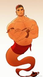 Rule 34 | 1boy, armlet, bara, beard, brown hair, bulge, crossed arms, earrings, eyebrow cut, facial hair, full body, genie, highres, jewelry, lamp, large pectorals, male focus, mature male, muscular, muscular male, navel, nipples, original, pectorals, pout, short hair, sideburns, solo, stomach, thick eyebrows, topless male, undercut, xian miao
