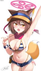 Rule 34 | 1girl, absurdres, animal ear fluff, animal ears, arm up, armpits, bead bracelet, beads, bikini, bikini under clothes, blue archive, blue shorts, blush, bracelet, breasts, brown hair, cleavage, collarbone, commentary, commentary request, cowboy shot, cutoffs, english commentary, fang, fox ears, fox girl, fox tail, front-tie bikini top, front-tie top, halo, halterneck, hand up, highleg, highleg bikini, highres, izuna (blue archive), izuna (swimsuit) (blue archive), jewelry, leehamin777, medium breasts, micro shorts, midriff, mixed-language commentary, navel, official alternate costume, open mouth, orange eyes, red scarf, scarf, scrunchie, short hair, short shorts, shorts, sidelocks, signature, simple background, skin fang, solo, stomach, strap pull, string bikini, striped bikini, striped clothes, sweat, swimsuit, tail, thighs, twitter username, visor cap, wet, white background, wrist scrunchie, yellow eyes