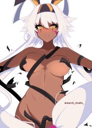 Rule 34 | 1girl, absurdres, dark-skinned female, dark skin, fate/grand order, fate (series), highres, looking at viewer, marchstudio, nitocris alter (fate), simple background, white background, white hair, yellow eyes