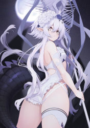 Rule 34 | 1girl, absurdres, ahoge, arknights, armlet, ass, bare shoulders, casual one-piece swimsuit, closed mouth, crocodilian tail, day, flower, from below, full moon, hair flower, hair ornament, highres, holding, holding staff, large tail, long hair, looking at viewer, looking back, looking down, mari0ball, moon, night, night sky, official alternate costume, one-piece swimsuit, outdoors, pointy ears, scales, sky, solo, staff, swimsuit, tail, thigh strap, tomimi (arknights), tomimi (silent night) (arknights), very long hair, white flower, white one-piece swimsuit, yellow eyes