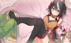 Rule 34 | 2girls, ahoge, animal ears, bare shoulders, black hair, black thighhighs, blush, breasts, brown hair, cleavage, closed mouth, commentary request, detached sleeves, ear ornament, feet, foot out of frame, hair between eyes, highres, holding another&#039;s foot, horse ears, horse girl, horse tail, kitasan black (umamusume), kouhaku nawa, large breasts, long sleeves, multicolored hair, multiple girls, no shoes, red eyes, rope, satono diamond (umamusume), shimenawa, skindentation, solarisyuri!, soles, streaked hair, stuffed toy, tail, thighhighs, toes, umamusume, white hair, yellow eyes