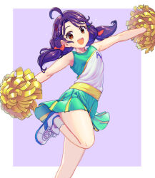 Rule 34 | 1girl, :d, ahoge, bare arms, border, bow, brown eyes, cheerleader, green skirt, grey background, hair bow, hair ornament, highres, leg up, long hair, looking at viewer, low twintails, miniskirt, open mouth, outside border, pleated skirt, pom pom (cheerleading), precure, purple hair, red bow, shirt, shoes, shrimp1634, skirt, sleeveless, sleeveless shirt, smile, sneakers, socks, solo, standing, standing on one leg, suzumura sango, sweatdrop, tropical-rouge! precure, twintails, white border, white footwear, white socks, x hair ornament